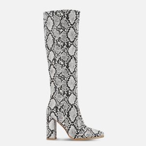 SNAKE EMBOSSED BLOCK HEEL KNEE HIGH BOOT IN WHITE FAUX LEATHER